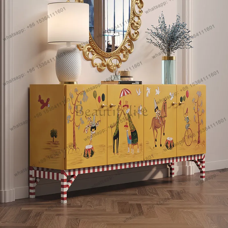 

Medieval American solid wood painted decorative cabinet retro yellow entrance storage cabinet