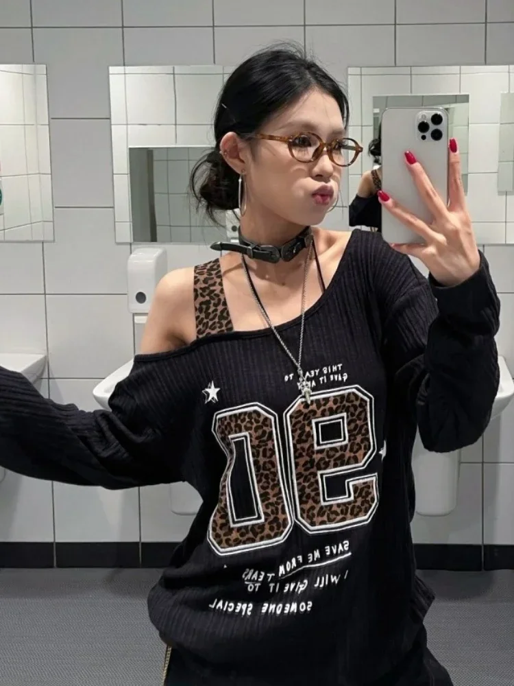 Y2K Patchwork Leopard Print T-Shirt Women Loose Streetwear Tee Grunge Casual Top