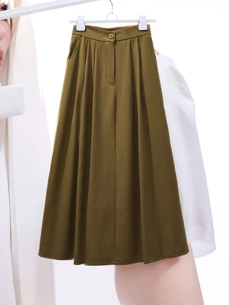 

Ele Простая однотонная юбка трапециевидной формы, повседневная универсальная плиссированная юбка с эластичной резинкой на талии для офиса и отдыха, юбка-миди с высокой талией