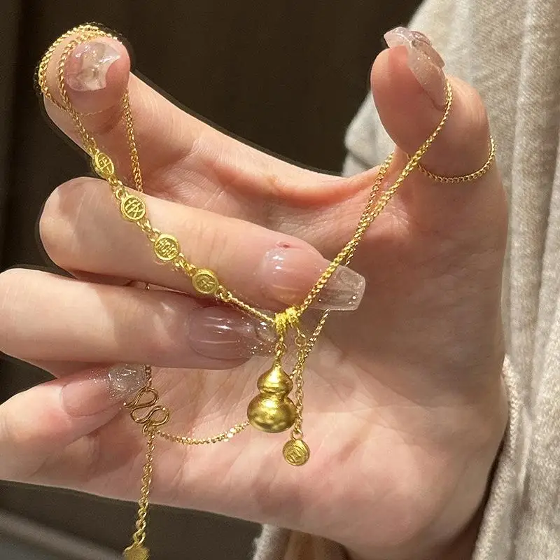 Retro and minimalist Chinese style stereoscopic glossy gourd necklace new in irregular tassel pendant party fine jewelry