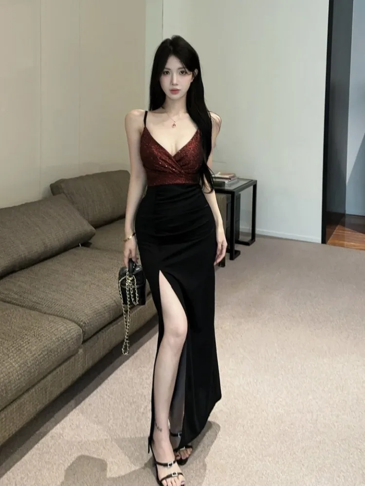 

Sexy Low Cut Color Blo Strap Dr Women's Slim Fit Long Skirt High Waist V Ne Svel Autumn Winter Ci Walk Dr