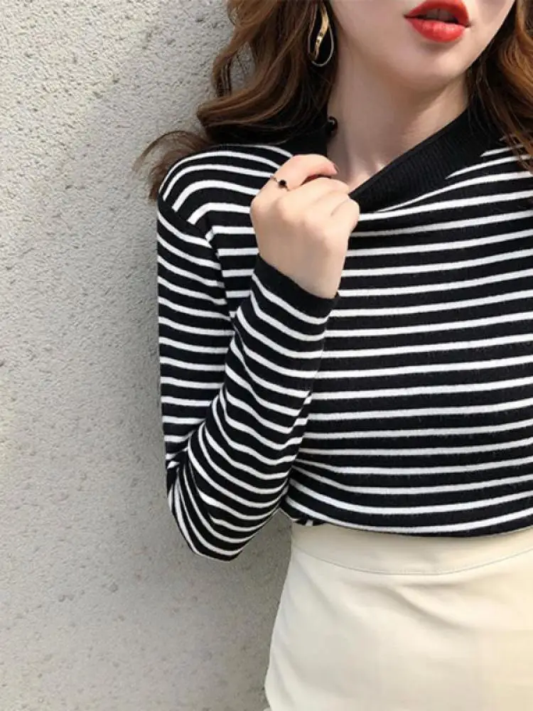 Autumn Winter Women Mock neck Sweaters Pullover Tops Fashion Female Skinny Elastic Long Sleeve Casual Striped Knitted Shirts