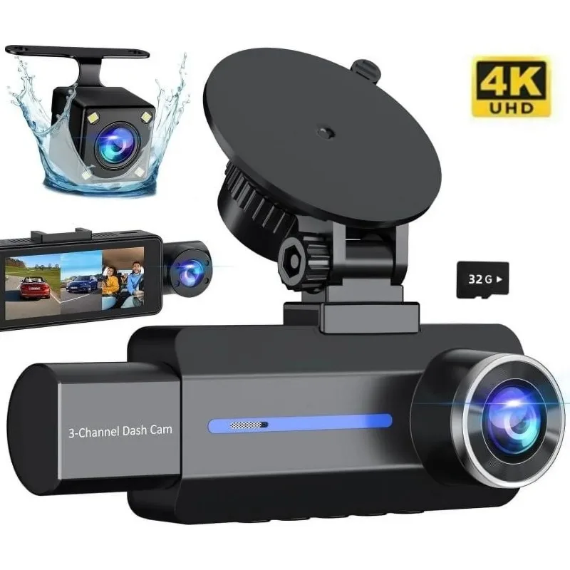 

3 Channel Dash Cam, 4K Dash Camera for Cars, Triple Car Camera with 32GB Card, G-Sensor, 24Hr Parking, Loop Recording, IR Night