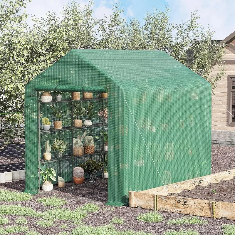 Outsunny 8' x 6' x 7' Portable Greenhouse 4-Tier Walk in Greenhouse with Roll Up Zipper Door for Flower Herb Vegetable