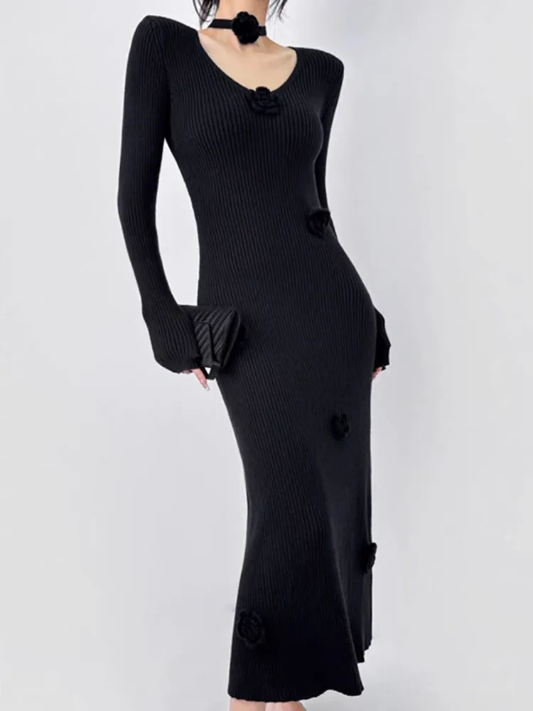 New Fashionable High Quality Knitted Collar Slim Fit Short Sleeved Three-dimensional Flower Button Long Women's Dress CQ339