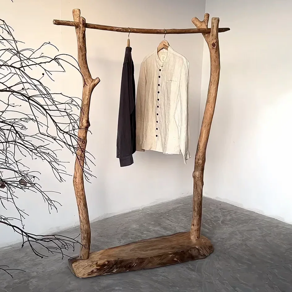 

Solid wood coat rack wabi wind floor rack hotel homestay retro nostalgic simple style log clothes rod hanging bag rack
