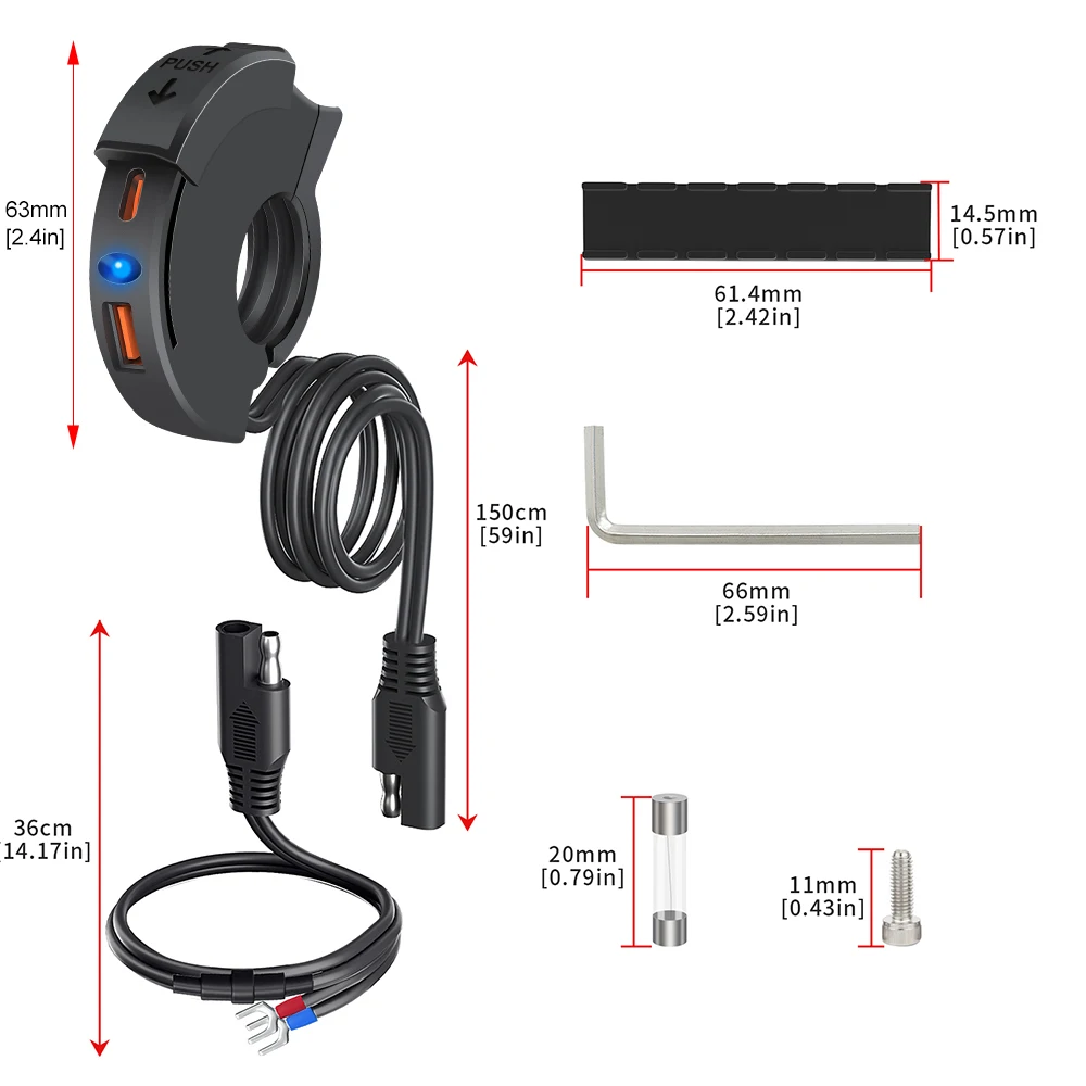 Motorcycle QC3.0 USB Charger with Indicator Handlebar Fast Charging 12/24V Waterproof Handlebar Mounted Camera Cell PhoneCharger