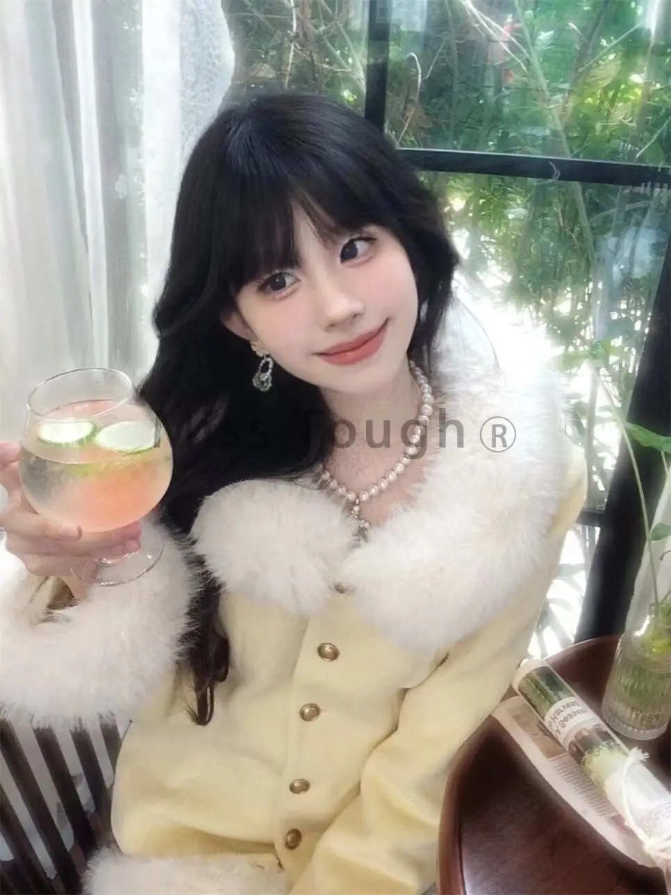 Winter France Vintage Sweet New 2 Piece Set Women Fur Chic Coat + Slim Plaid Skirt Design Elegant Fashion Fairy Party Suit 2024