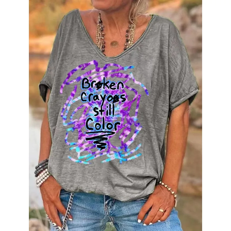 T-shirts imprimés lettres pour femmes, t-shirt d'été à manches courtes, décontracté, ample, col en V, nouvelle collection