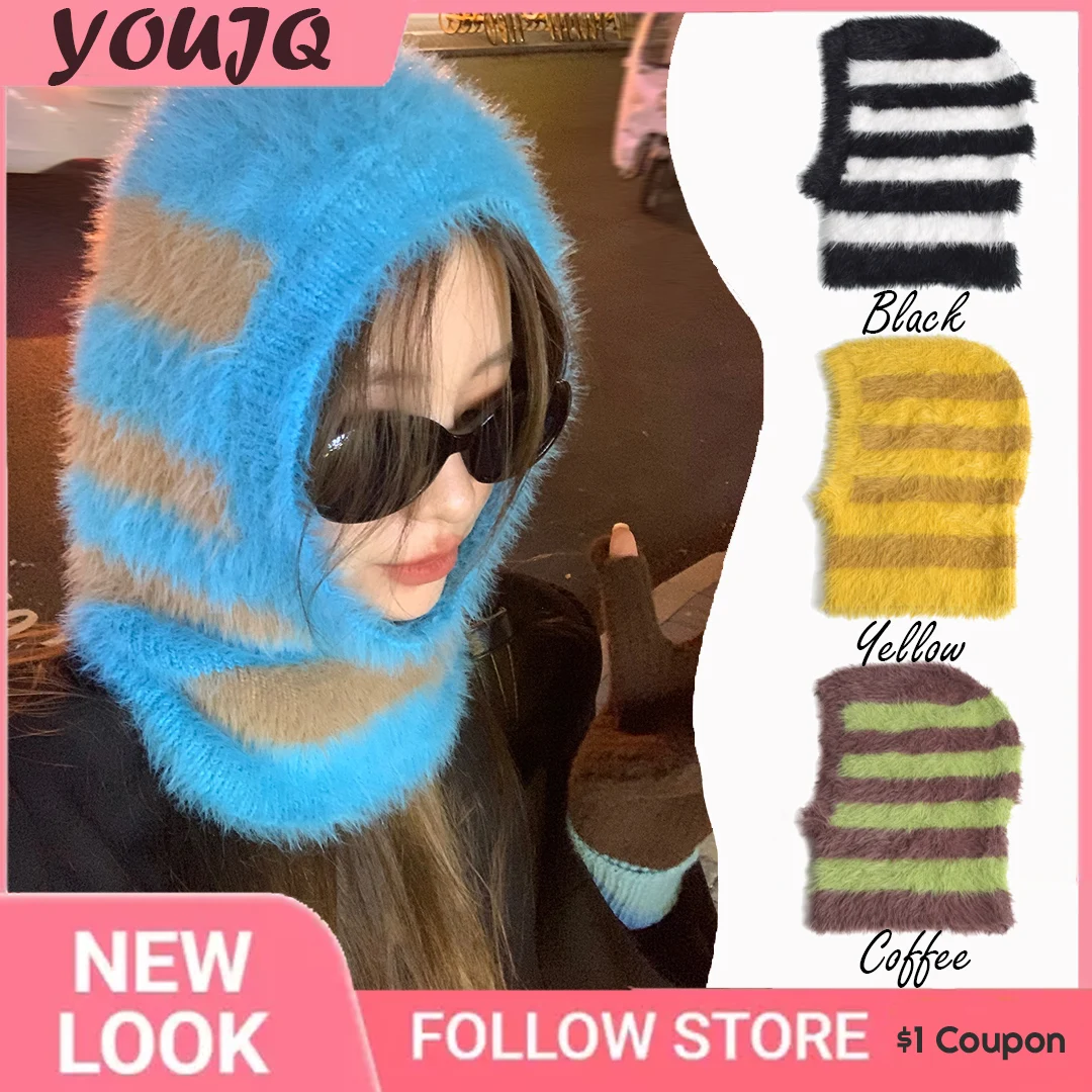 

Y2K Winter Design Balaclava Knitted Women's Hat Stripe Mink Hair Cap For Female Personality Neck Warm Skullies Beanies Gorras