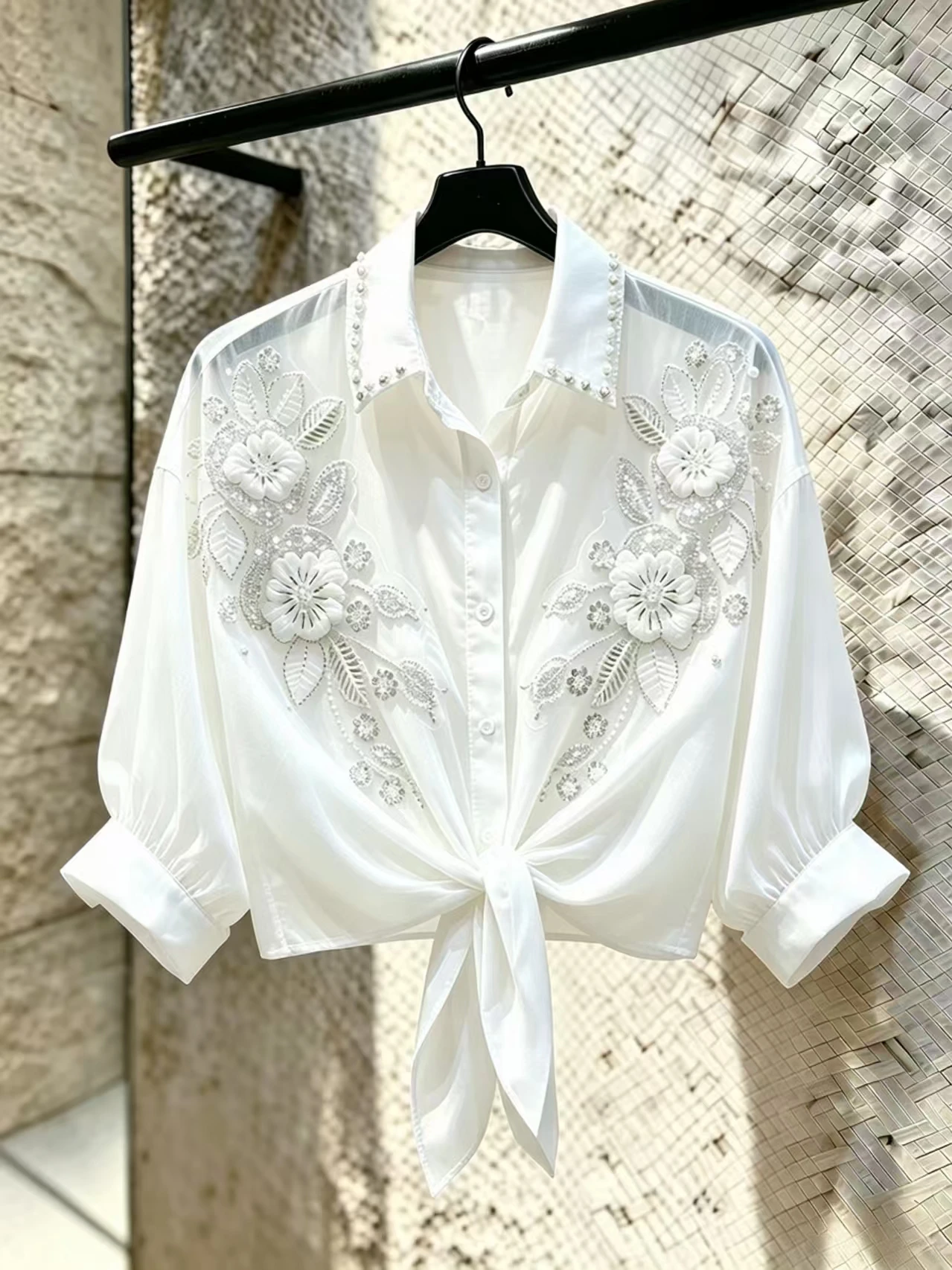 New In Sequines Flowers Stitch Sunscreen White Thin Blouses Shirts Women Shirt Top Spring Summer Y2K Crop Top Woman Clothes