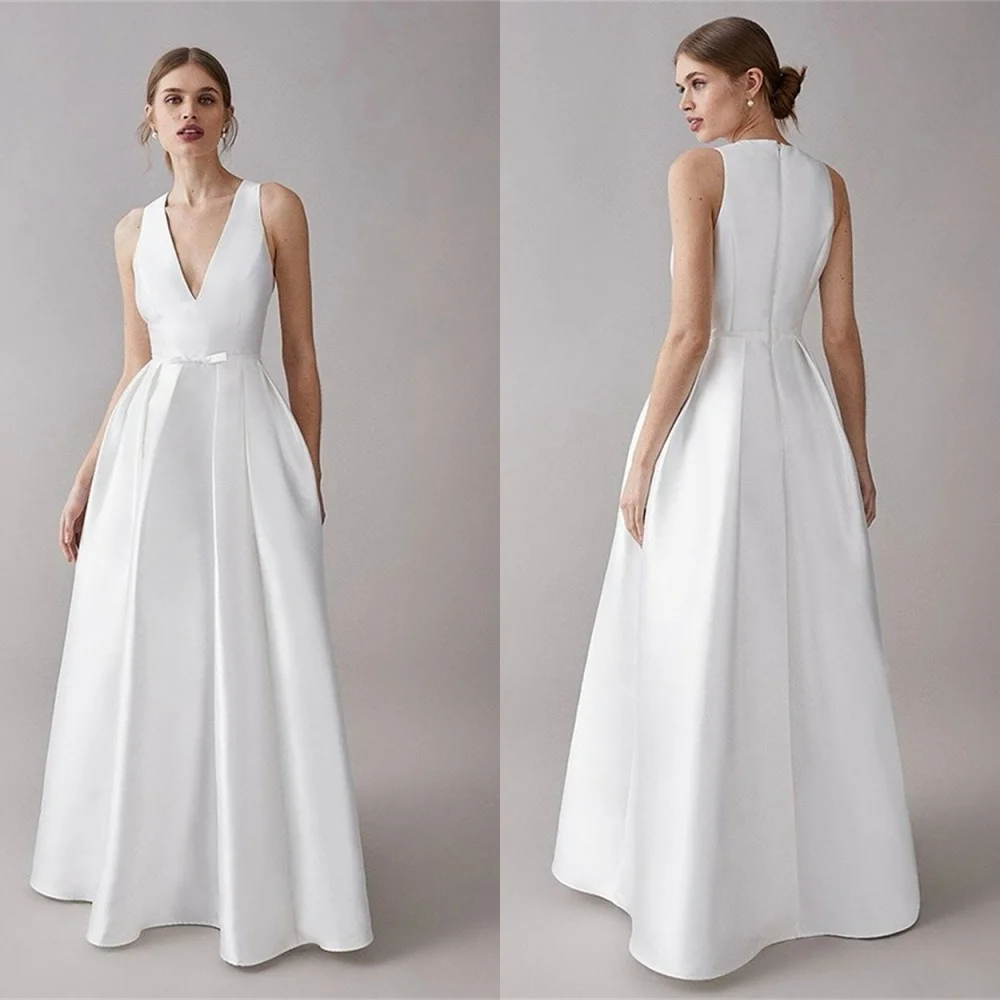 

Customized Exquisite White Satin Evening Dress Temperament V-Neck Sleeveless Zipper Back Bow Sweep Train Bespoke Occasion Gowns