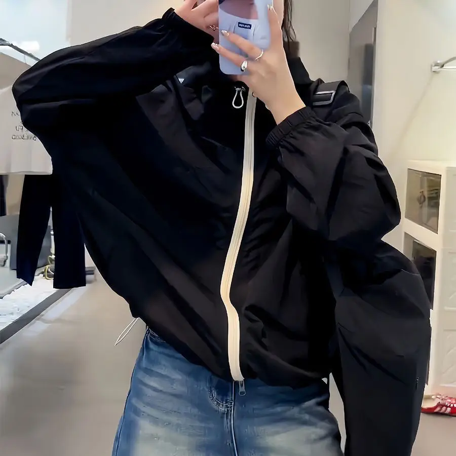 White Hooded Cargo Cropped Windbreaker Jackets Zipper Up Coat Women Outdoor Black Top Korean Coat 2026 New