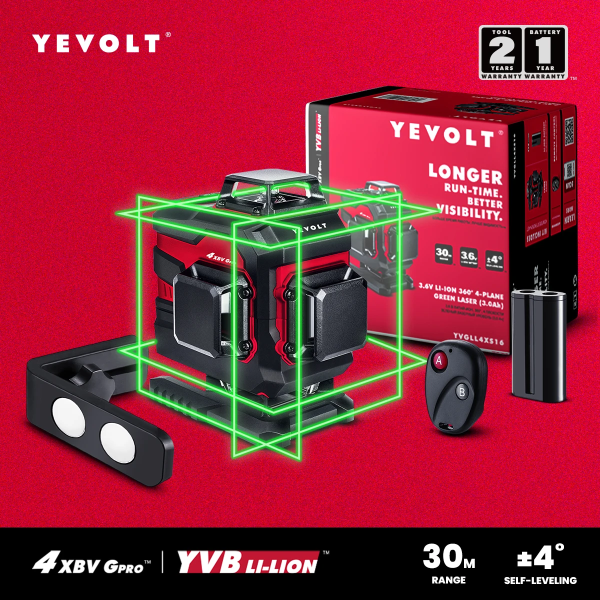 

YEVOLT YVGLL4XS16 Full Layout 16-Line Rotary Laser Level QuikTilt Self-Leveling Tile Alignment System Precision-Grade 30m Range