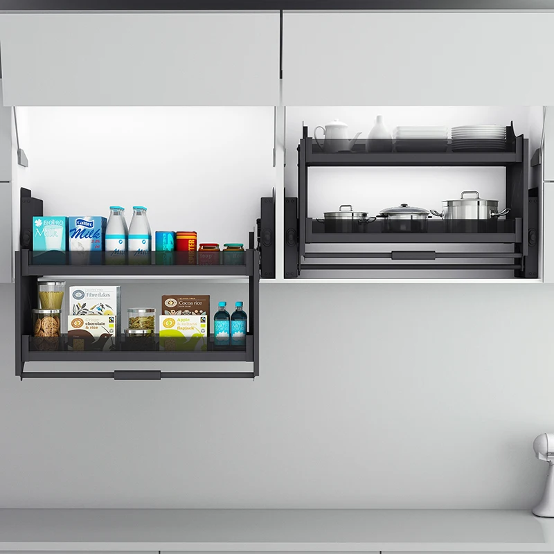 Full Aluminum Cabinet Overhead Lift Basket Double-Layer Drop-Down Cabinet Lift Bowl and Plate Shelf