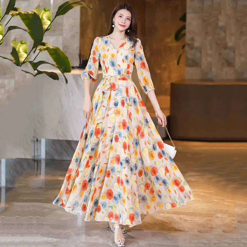 New Women Elegant Daily Print Dress Summer Fashion V-Neck High Waist Slim Chiffon Dress Casual Flowing Holiday Dress