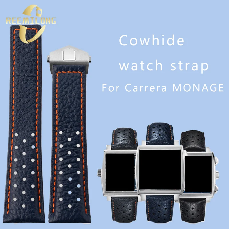 

Cowhide lea/ther watch strap 22mm Hi-Q black blue orange gray silver black folding buckle watchband For Tag Heuer Carrera MONAGE