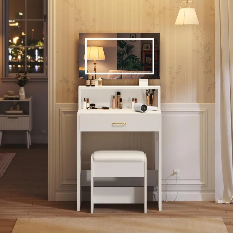 

Small Makeup Vanity Desk with Mirror Lights Dressing Table Set with Storage Drawers Chair Compact Shelf for Bedroom