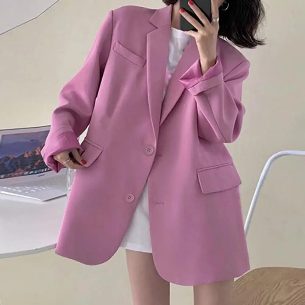 Women Chic Office Lady Two Buttons Blazer Solid Color Coat Fashion Lapel Long Sleeve Ladies Outerwear Stylish Tops