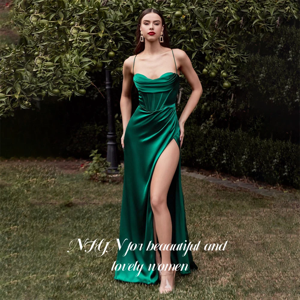 

NFYN Dark Green Long Stain Prom Dresses Mermaid Sweetheart Night Dresses Pleat Evening Gown Dresses with High Split Customized