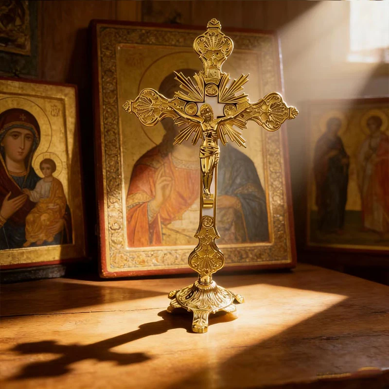 

Ornate Gold-Plated Orthodox Altar Crucifix with Radiant Sunburst Design Standing Cross for Church Liturgy and Sacred Space Decor