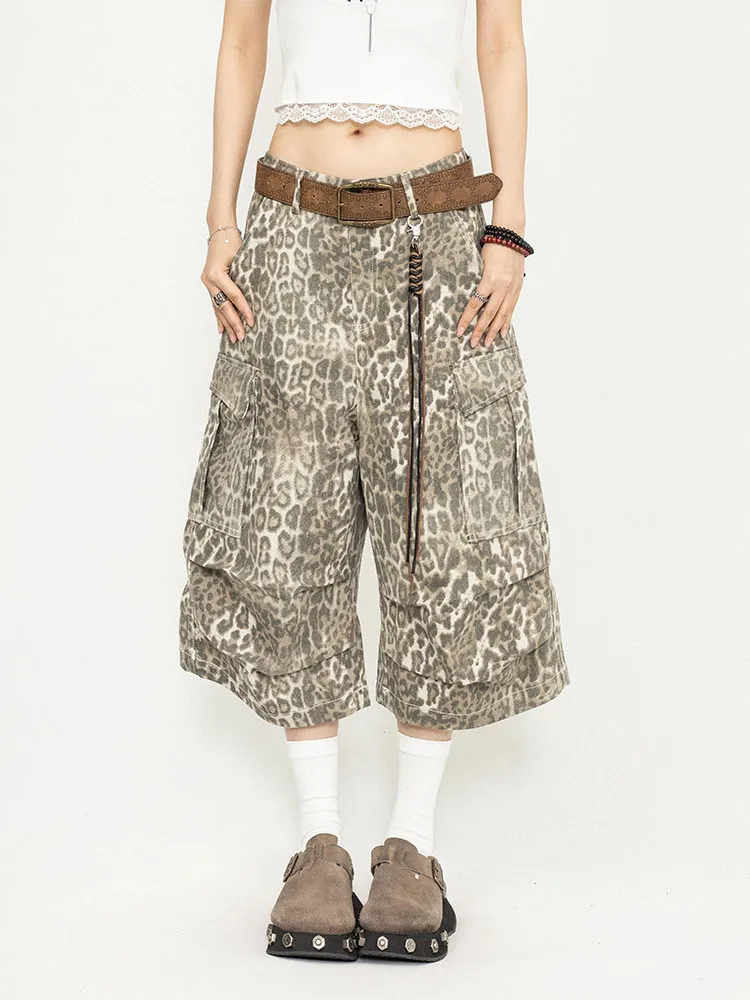 Retro American Street Leopard Print Seven-Foot Pants Women's Loose Straight Casual Jeans Mid-Calf Summer Spring Denim