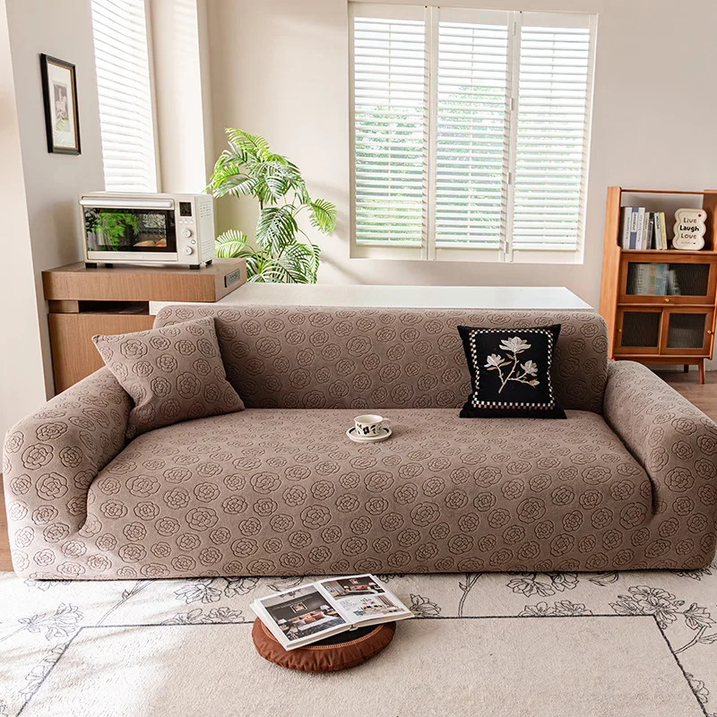 1pc Stretch Sofa Slipcover, Embossed Rose Pattern Sofa Cover, Elastic Furniture Protector, Soft Fabric, Machine‑Washable