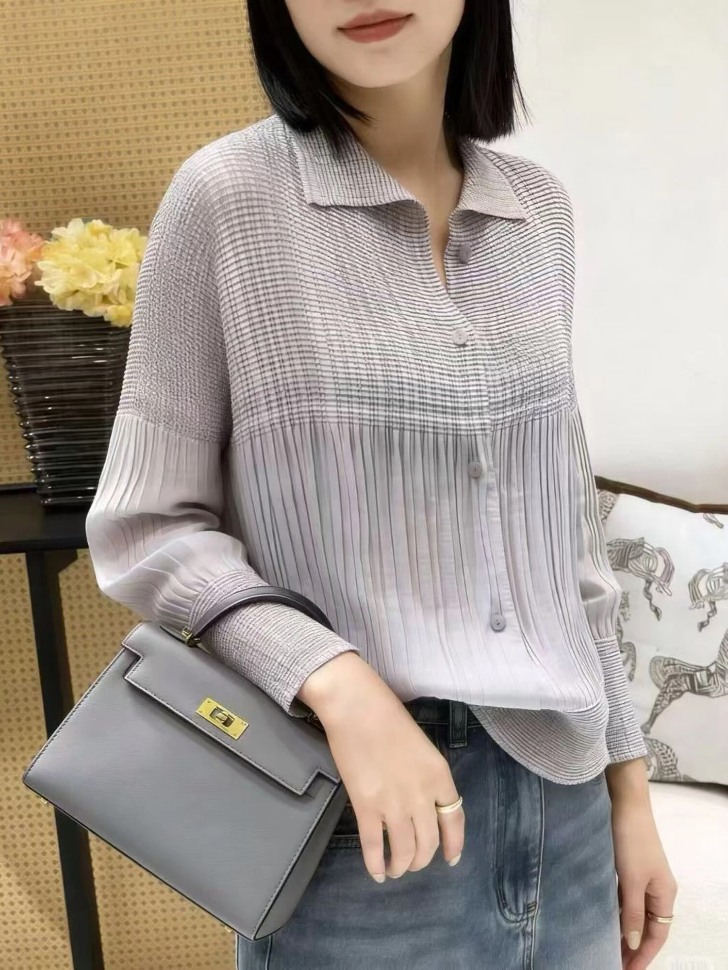 Sun Protection Lightweight Long Sleeve Shirt Elegant Outerwear Cardigan Anti-Aging Fashionable Women's Collar Shirt