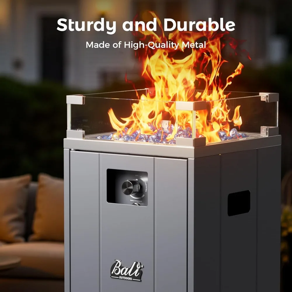 15 Inch Outdoor Propane Fire Pit with Glass Wind Guard, Square Patio Fireplace featuring Fire Glass Stones and Wind-Resistant De