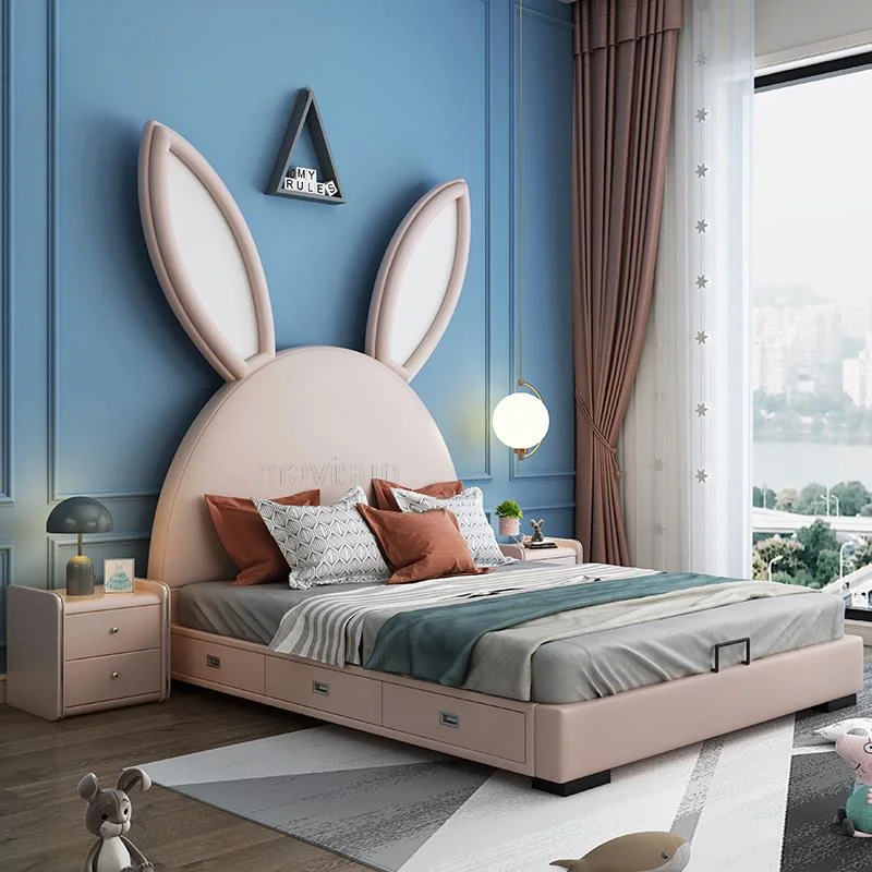 Cartoon Rabbit Children's Bed Girls Liked 1.2m 1.5m Simple Style Solid Wood Bedroom Bed For Kids Space -Saving Home Furniture