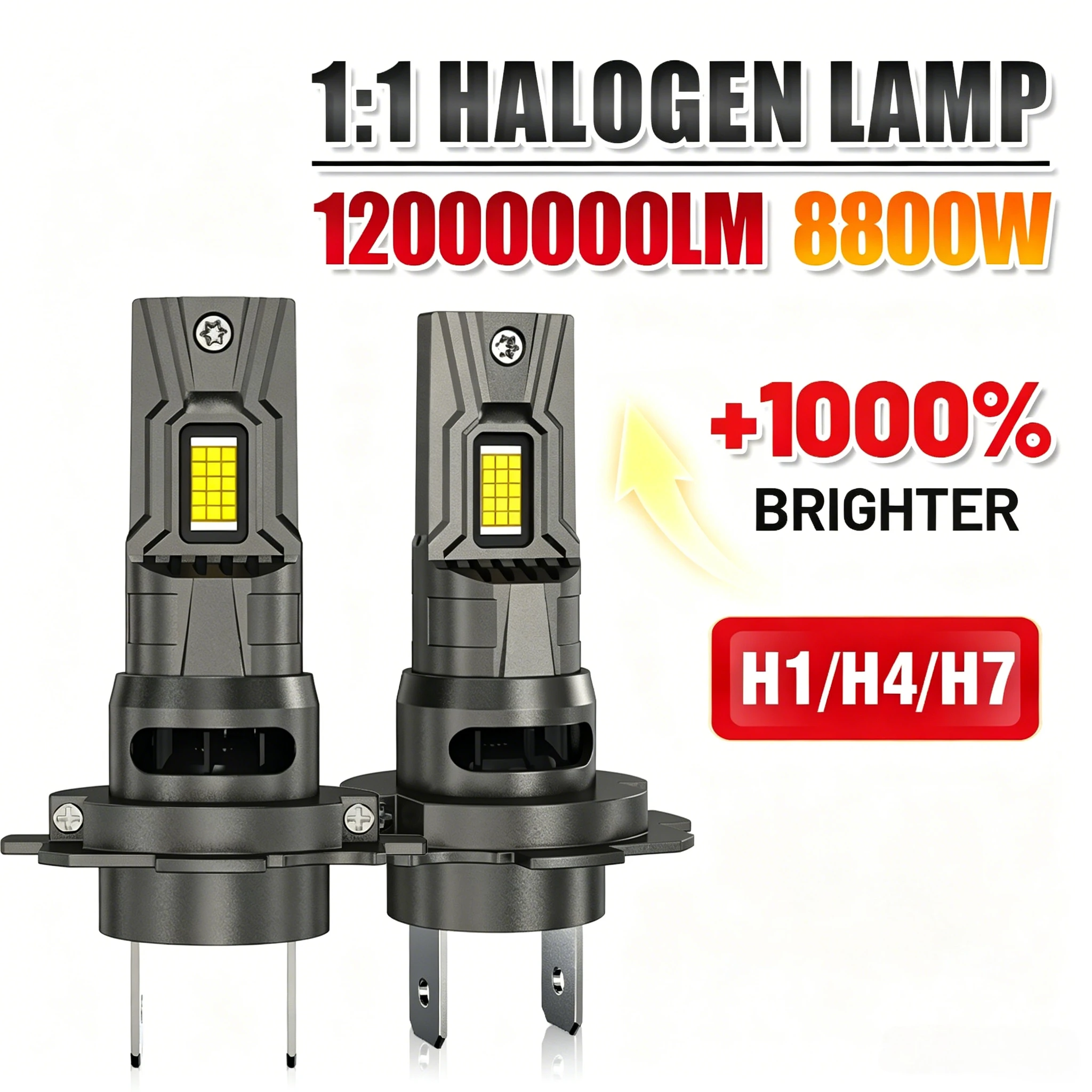 

H1 H7 H4 LED Bulb 1:1 Mini Size Turbo Headlight 6000K with Fan Super Brighter High Power 12000000LM 8800W Auto Lamp 12V 24V