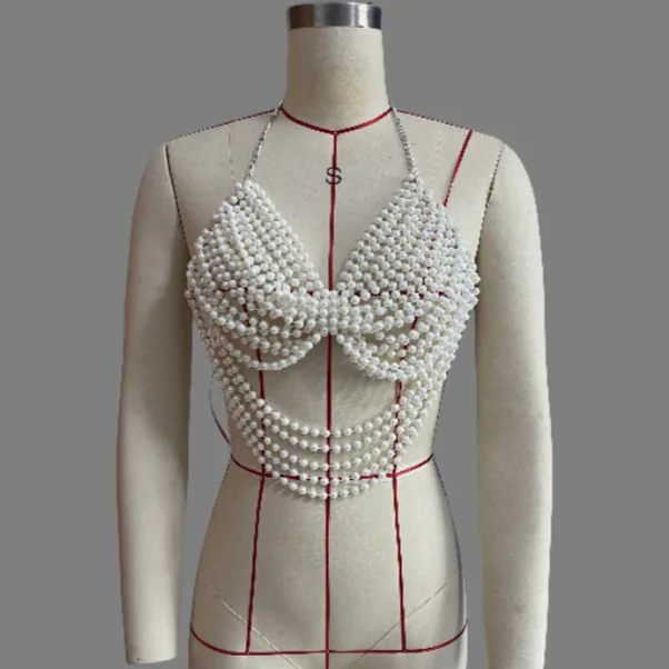 Hand-woven Plastic Pearls Camis Tops Women Halter Bra Chain Multi-layer Sexy Pearls Deep-v Neck Vest Tanks Breast Body Jewelry