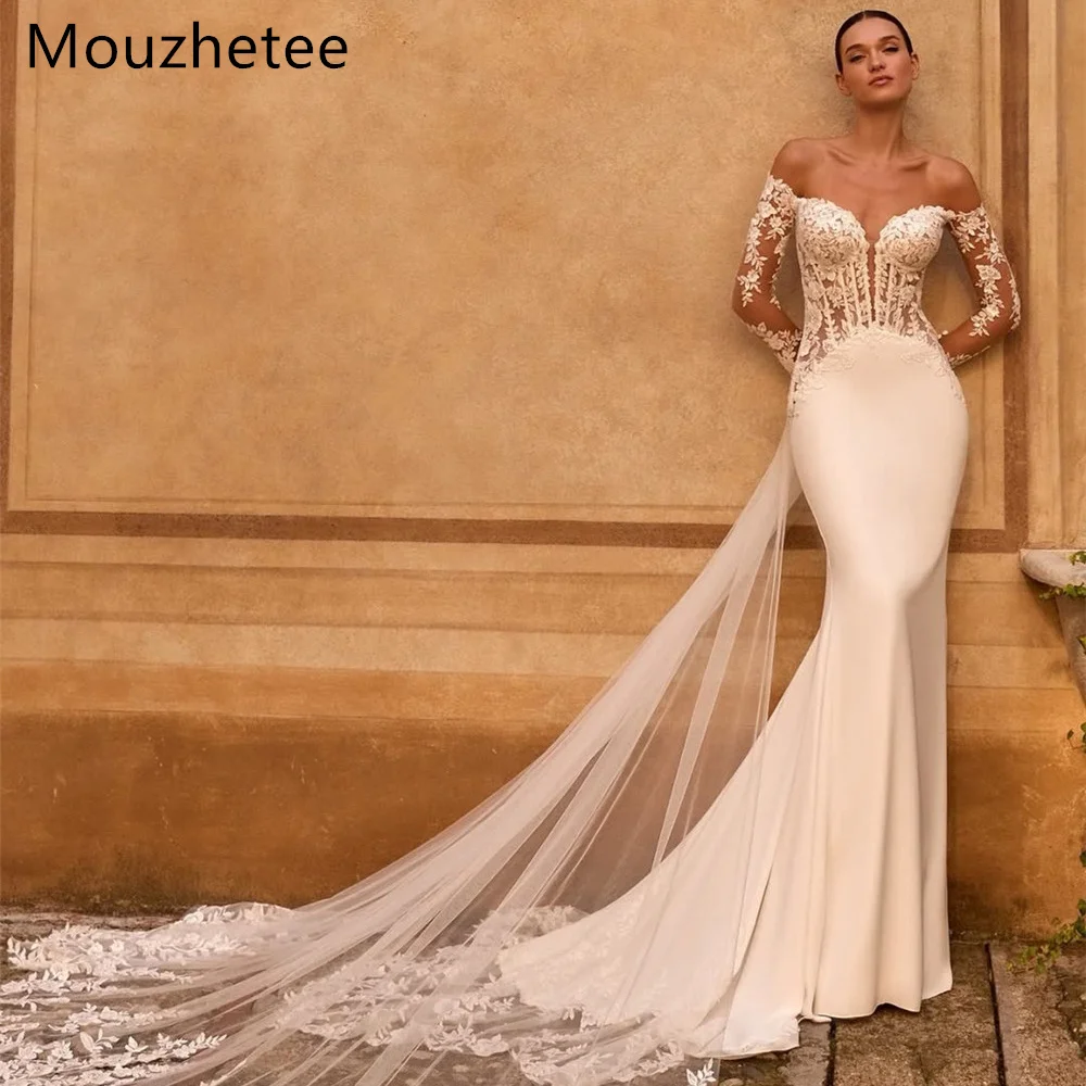 

Mouzhatee A-Line Off The Shoulder Simple Lace Appliques Wedding Dresses Satin Elegant Brides Gown Custom Made 2026