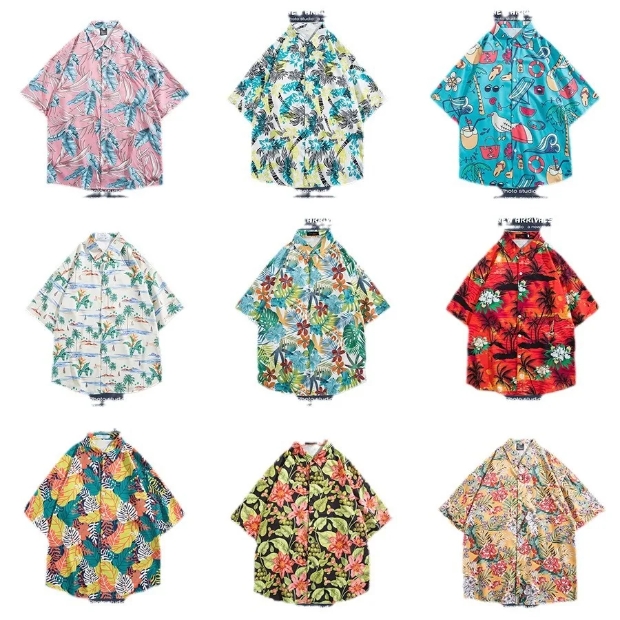 Beach Short Sleeves T-shirt Men's Hawaiian Shirts Vintage Button Cardigan Men's Beach Clothing Short Sleeves Tee Beachwear
