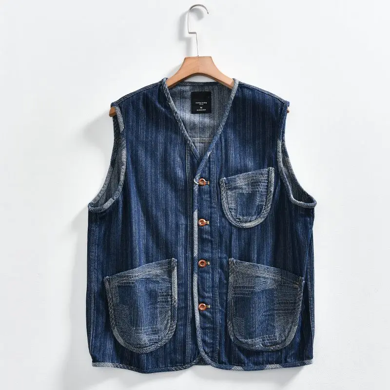 High-End Retro Washed Denim Workwear Vest for Men with Multiple Pockets V-Neck Summer Business Style Polyester Fiber