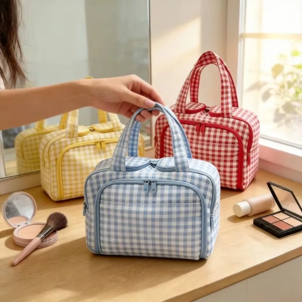Large Capacity Cosmetic Organizer Bag Multi Compartments Portable Design Makeup Bag Checkered Pattern Double Zipper