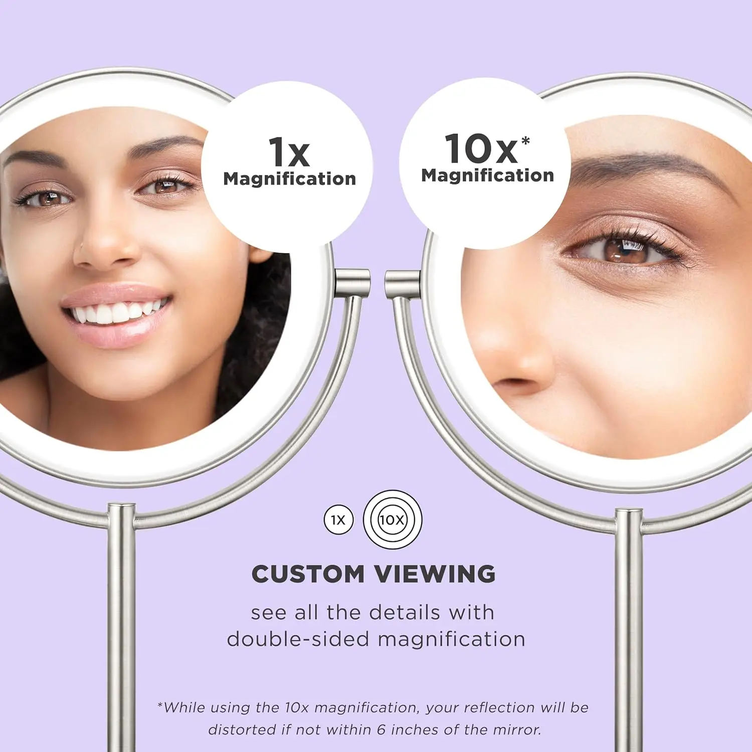 Double-Sided LED Vanity Mirror with 1X/10X Magnification, 3 Light Settings, 360° Rotation