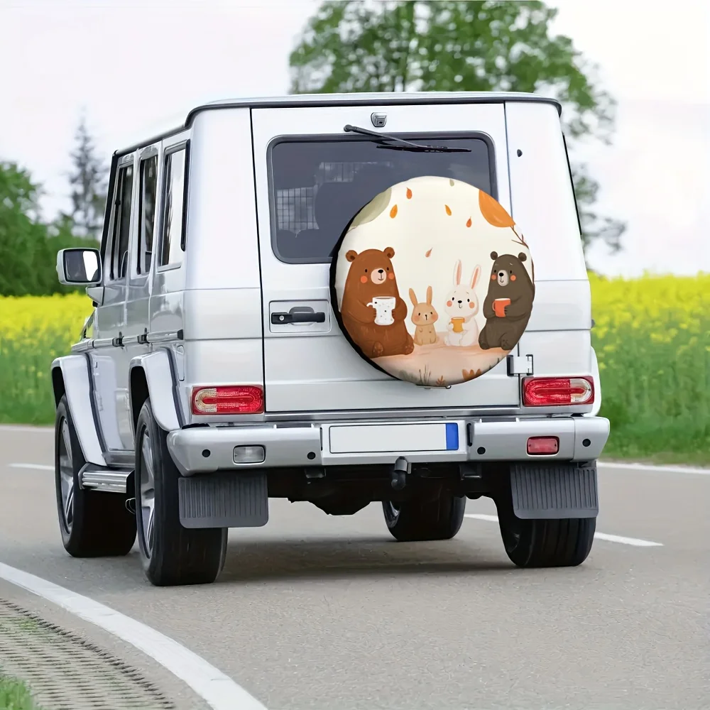 1pc Cute Animal Coffee Time Tire Cover - 2D Flat Printing, Durable Polyester Fabric, No Electricity Needed, Perfect For Gas Stat