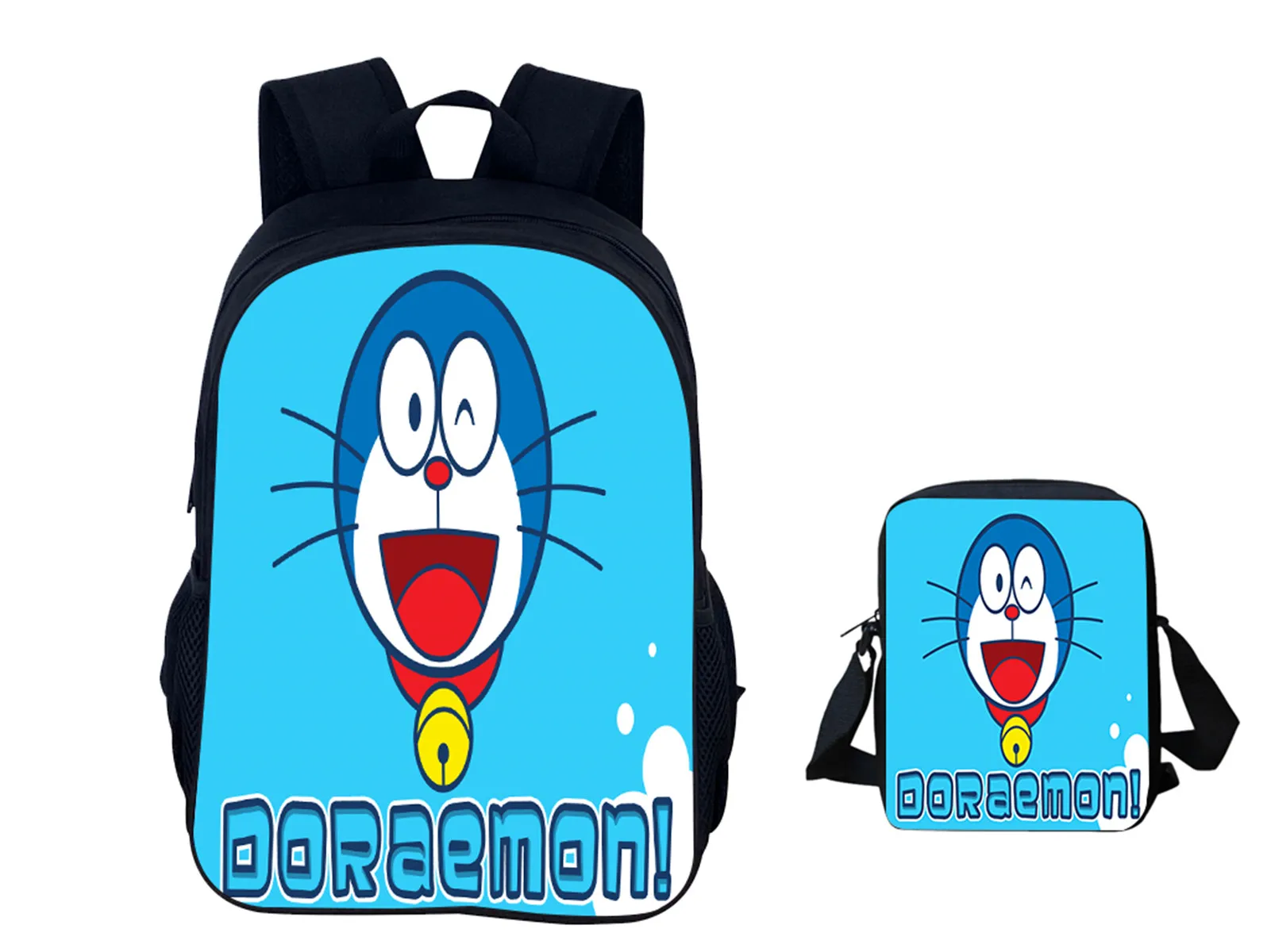 Student Doraemon Big Backpack with Canvas Cute Side Bag 2Pcs Set-Back to School Daypack for Little Kid