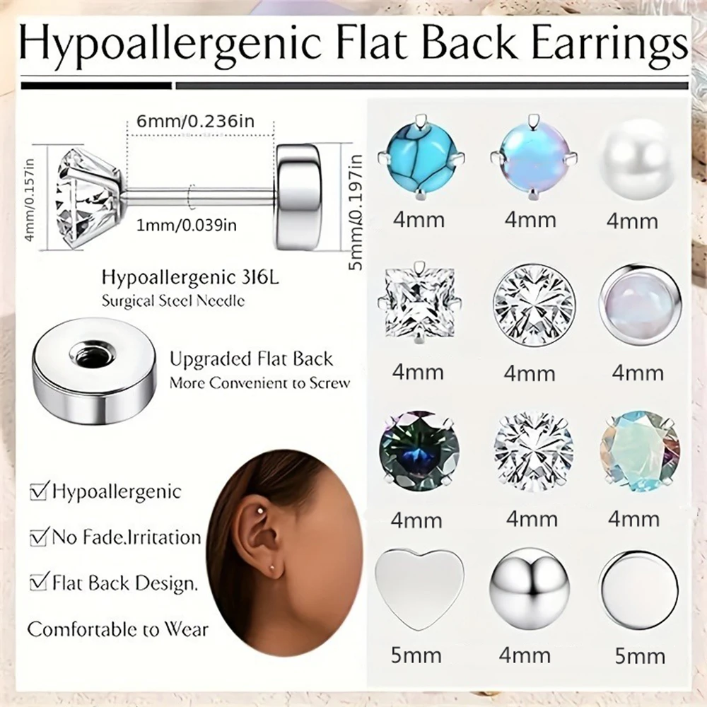 12 Pairs Stainless Steel Earrings Hypoallergenic 20G Medical Steel Cartilage Earrings Opal CZ Pearls Small Sleeping Earrings