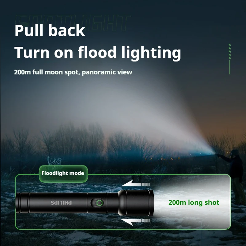 Philips Telescopic Zoom Flashlight Portable Rechargeable Led Lamp 4 Lighting Modes Waterproof Outdoor Self Defense Flashlight