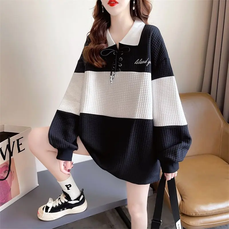 2023 Spring and Autumn American Loose Casual Oversized Flip Collar Lace Up Color Block Letter Printed Long Sleeved Waffle Hoodie