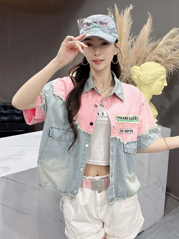 Nostalgic retro denim blue shirt coat women's patchwork European style short top loose casual versatile and fashion cardigan