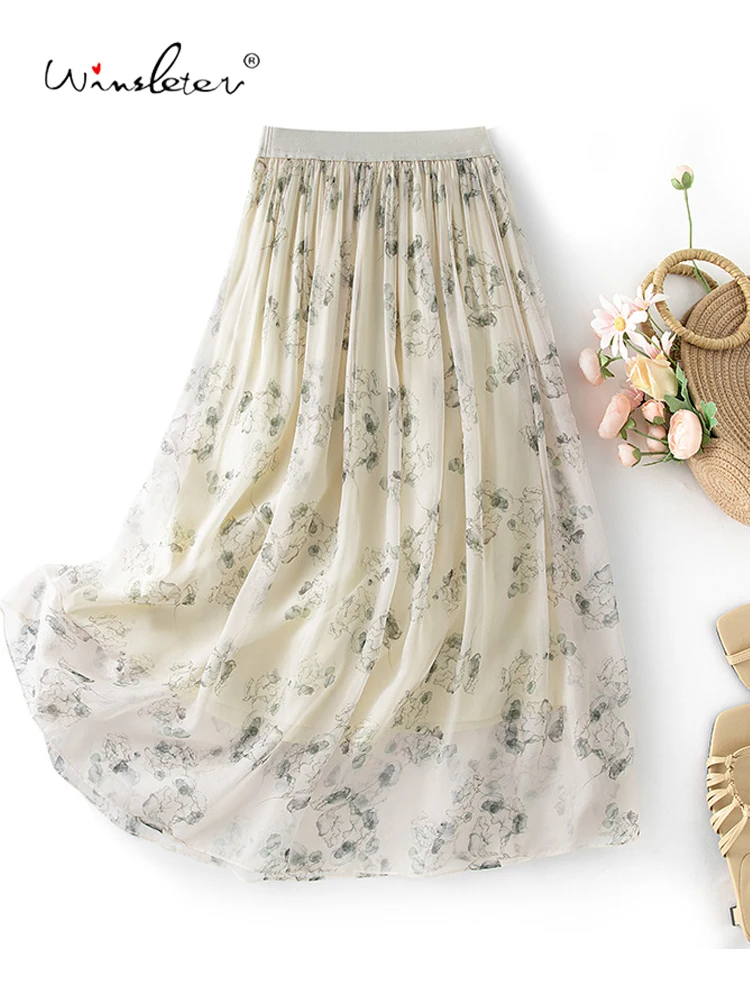 

Winsleter-100%Silk Elegant Skirts, Elastic Waist Printed, Women Temperament Party Fairy A-line Skirt, 2026 Spring New B61310CC