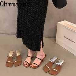 2024 Summer Women Slipper Fashion Elegant Narrow Band Thick Heel Slides Ladies Elegant Party Dress Sandalias Shoes