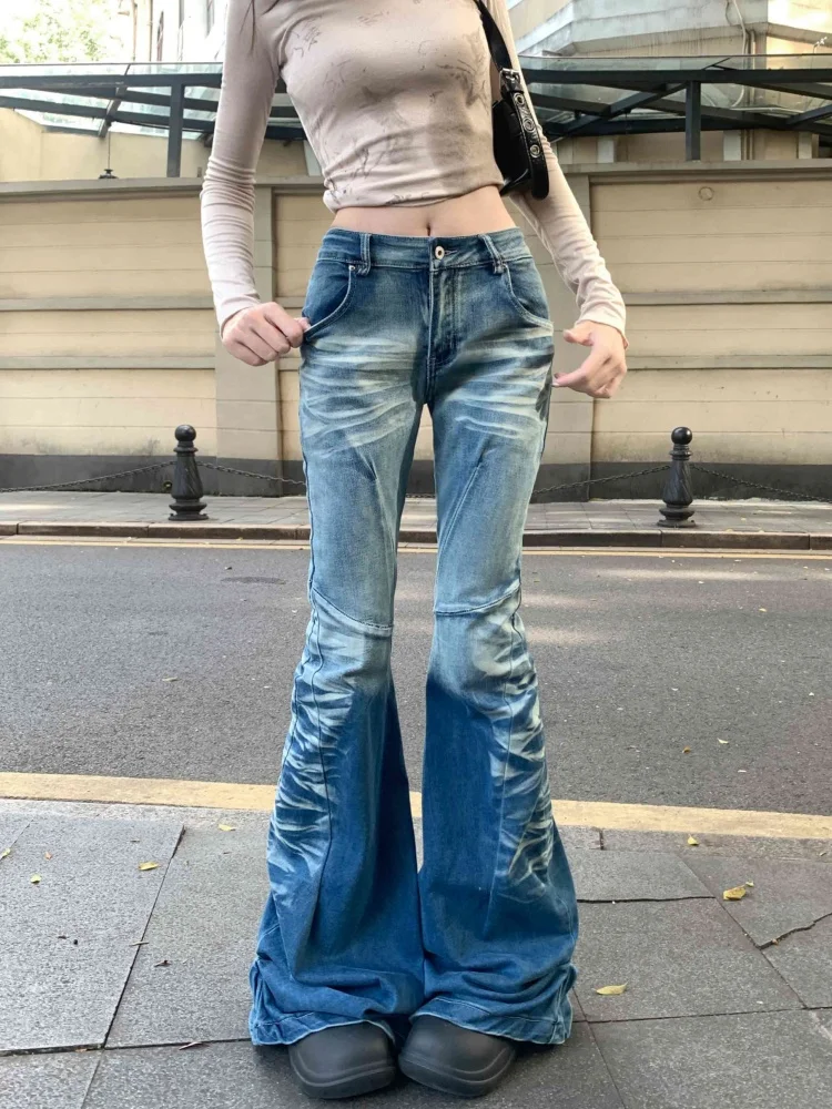 2025 American Retro Y2K Fashion Washed Blue Slim Women's Flared Jeans Pants Woman Clothing Punk Gothic Denim Trousers Ropa Mujer