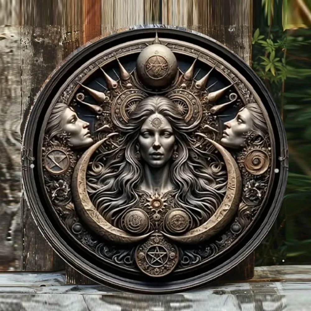 Triple Moon Goddess Hecate Round Metal Tin Sign - Wiccan Pagan Pentacle Themed Wall Decor, Mystical Witchcraft Art for Altar, Me