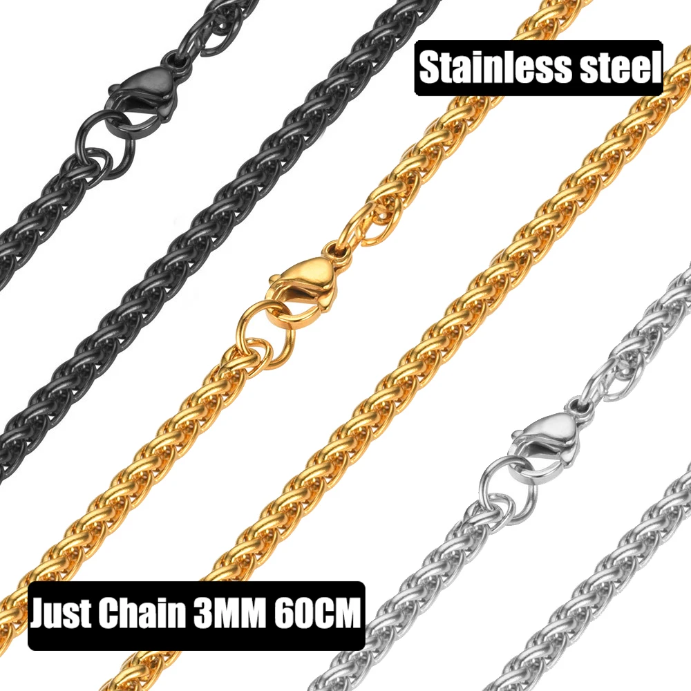 3mm Diameter Stainless Steel Chain Necklace Just 60cm Wheat Chain with Lobster Clasp Necklaces Hip-Hop Jewelry for Men Women