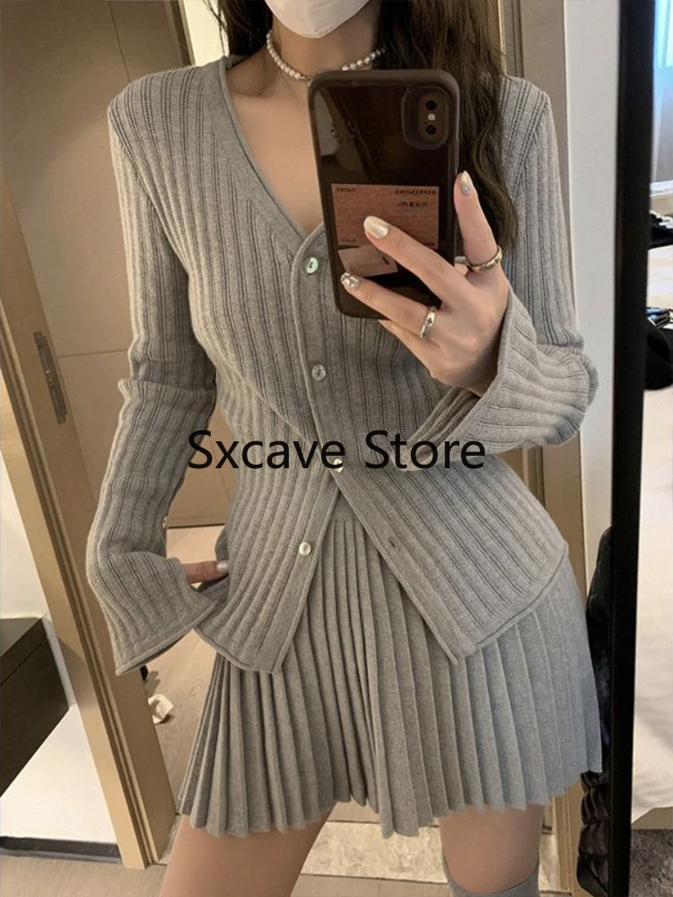 2023 Autumn Korean Knitted Sweater Suits Women Casual 2 Piece Skirt Set Elegant Cardigan + Pleated Mini Skirt Outwear Party Chic