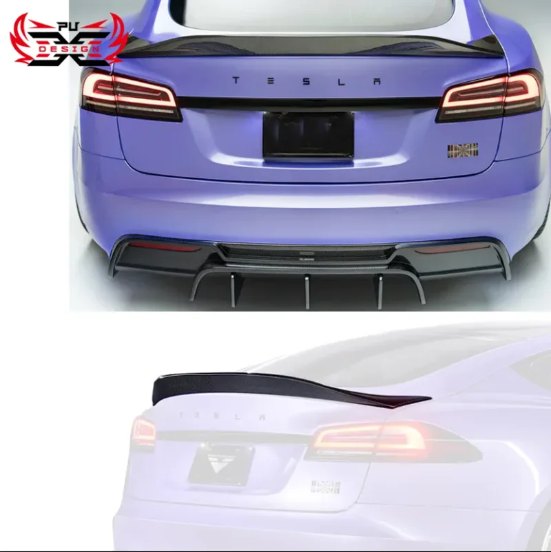 High Quality Dry Carbon Fiber Rear Diffuser Rear Bumper Body Kits V Style Body Kit For Tesla Model S 2021-2024